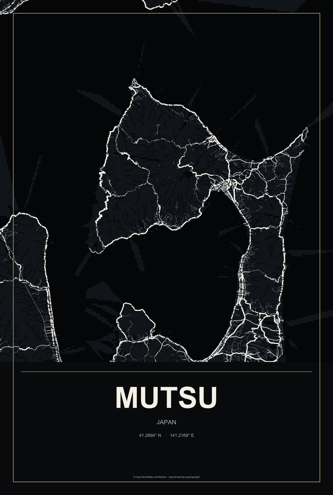 Mutsu, Japan City Map Aluminum Sign in Metropolitan Noir style