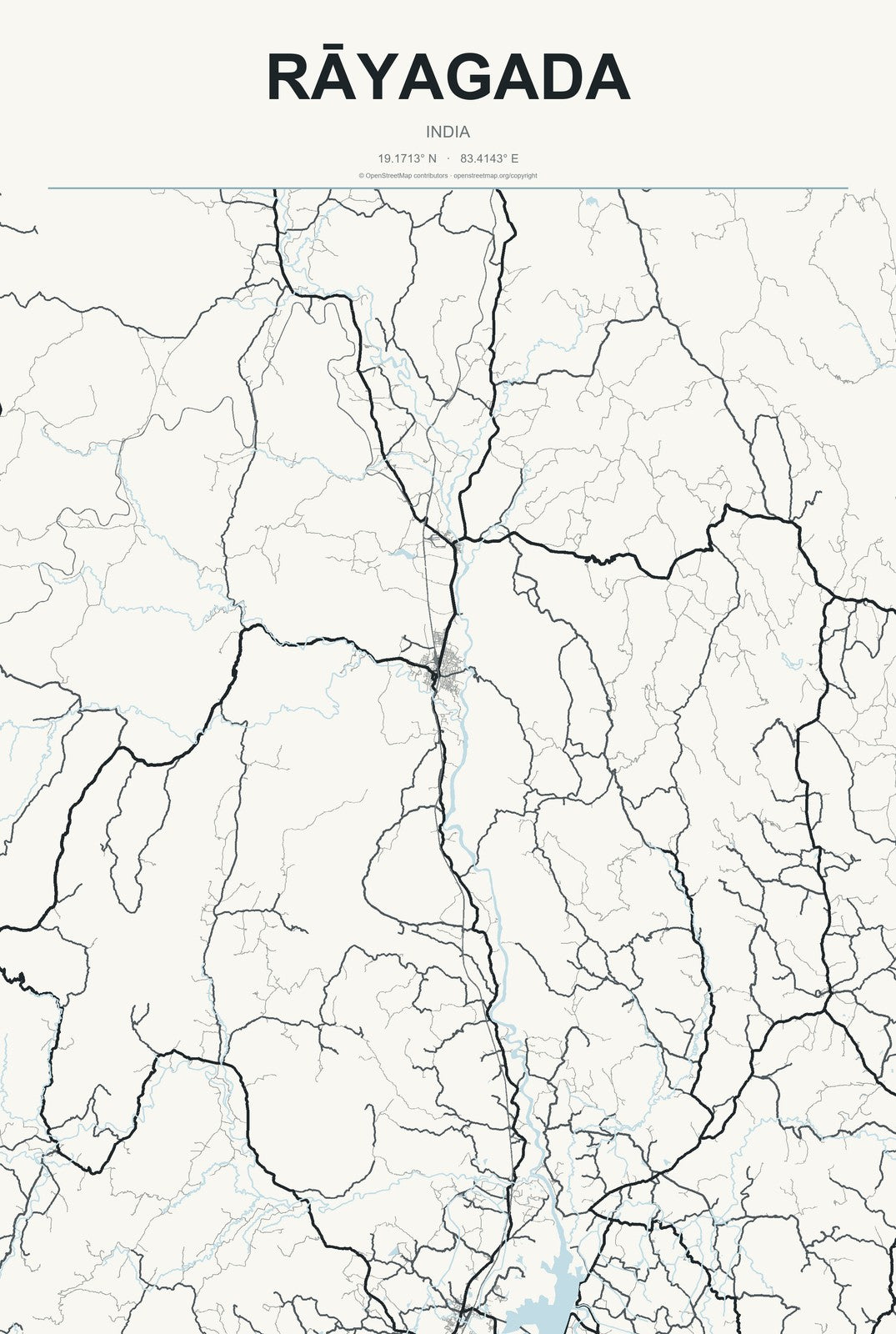 Rāyagada, India City Map Aluminum Sign in Headline Atlas style