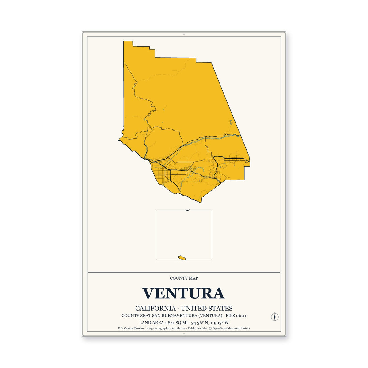 Ventura County, California Map Aluminum Sign in Citrine Modern style