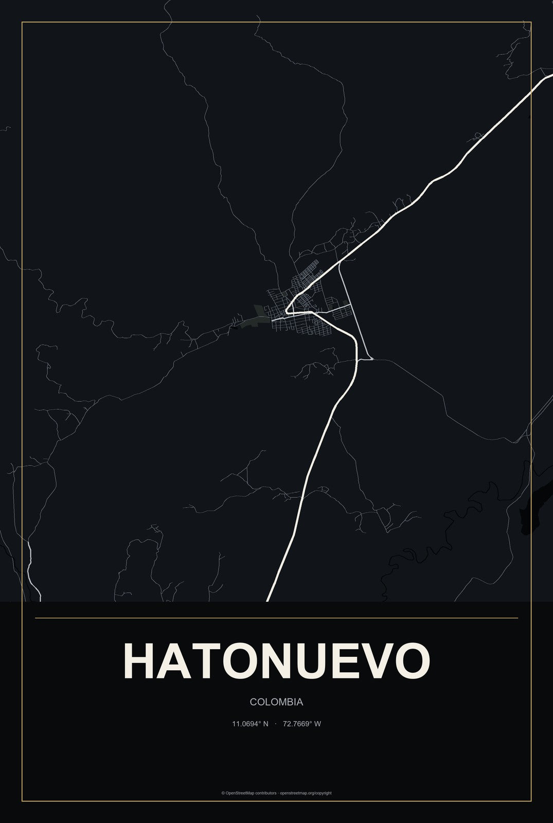 Hatonuevo, Colombia City Map Aluminum Sign in Metropolitan Noir style
