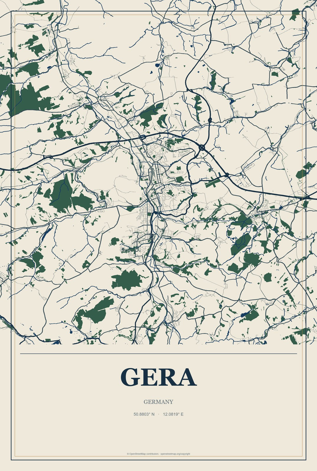 Gera, Germany City Map Aluminum Sign in Coastal Cutout style