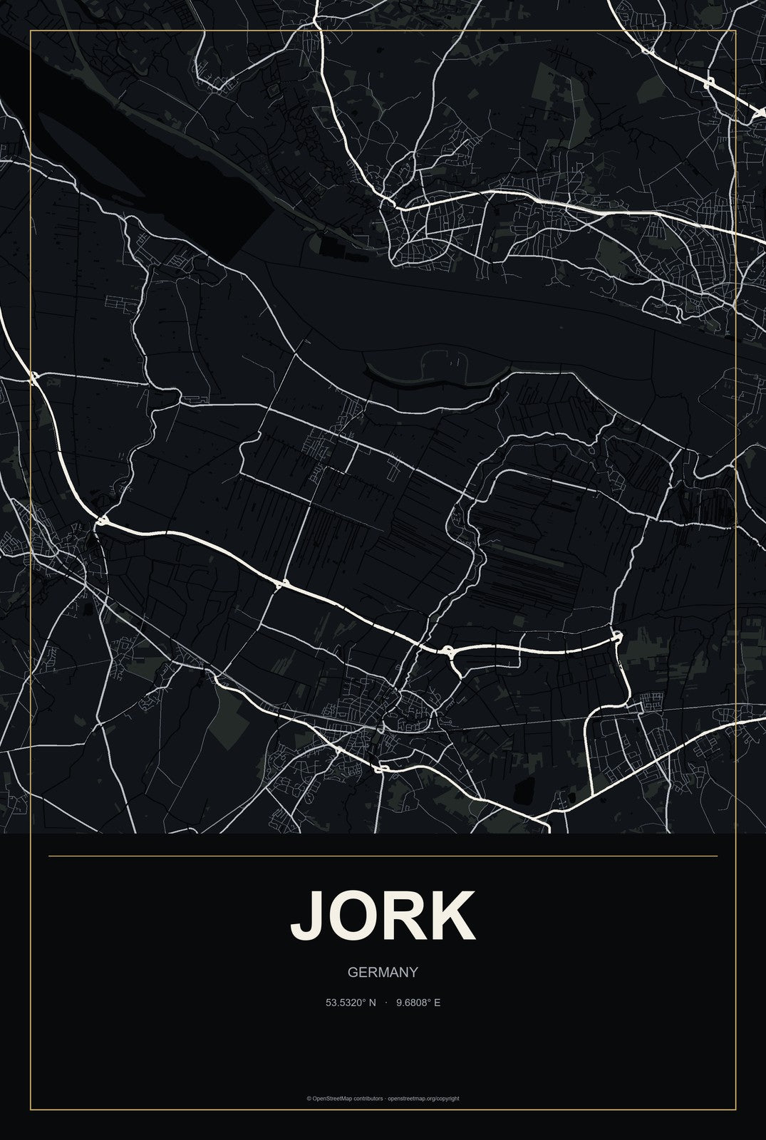 Jork, Germany City Map Aluminum Sign in Metropolitan Noir style
