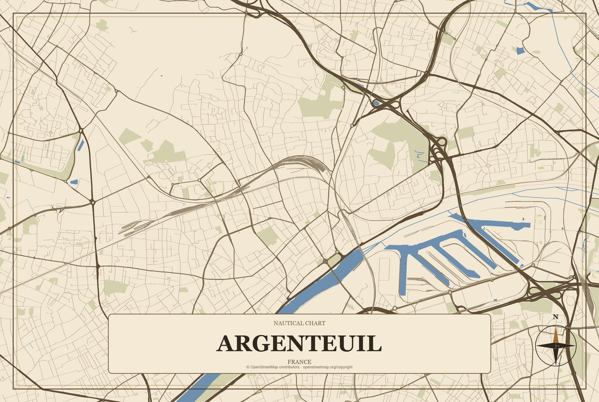 Argenteuil, France City Map Aluminum Sign in Heritage Nautical style