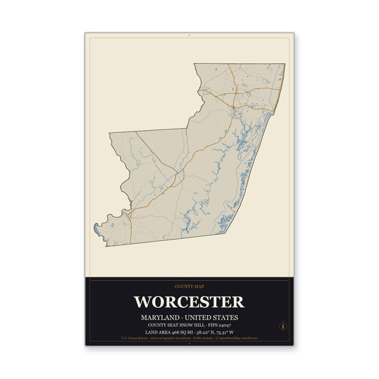 Worcester County, Maryland Map Aluminum Sign in Museum Plaque style