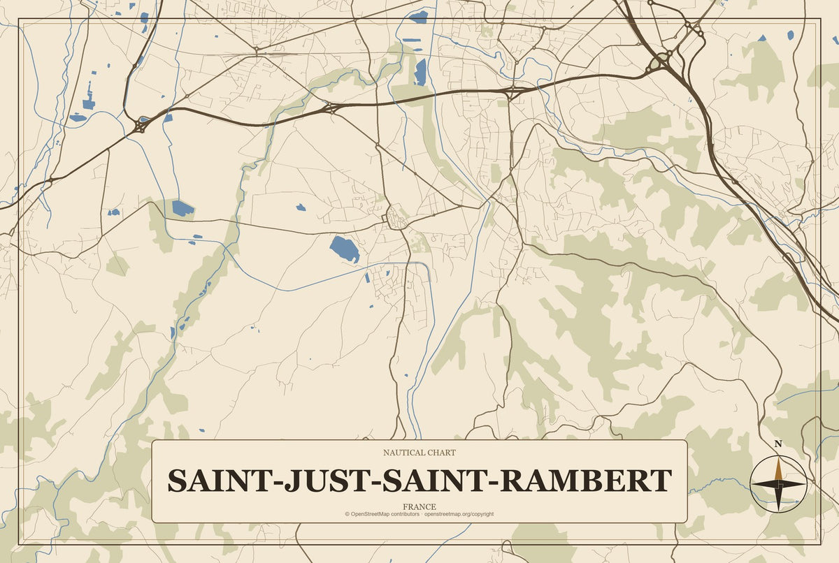 Saint-Just-Saint-Rambert, France City Map Aluminum Sign in Heritage Nautical style
