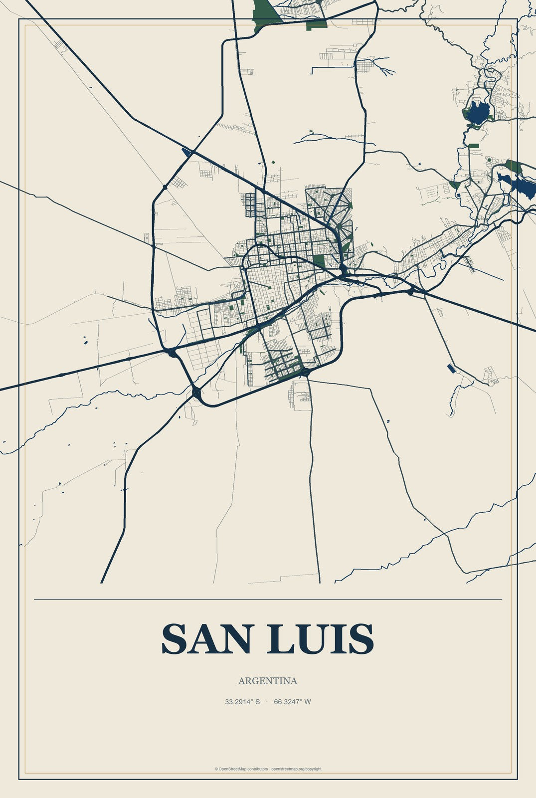 San Luis, Argentina City Map Aluminum Sign in Coastal Cutout style
