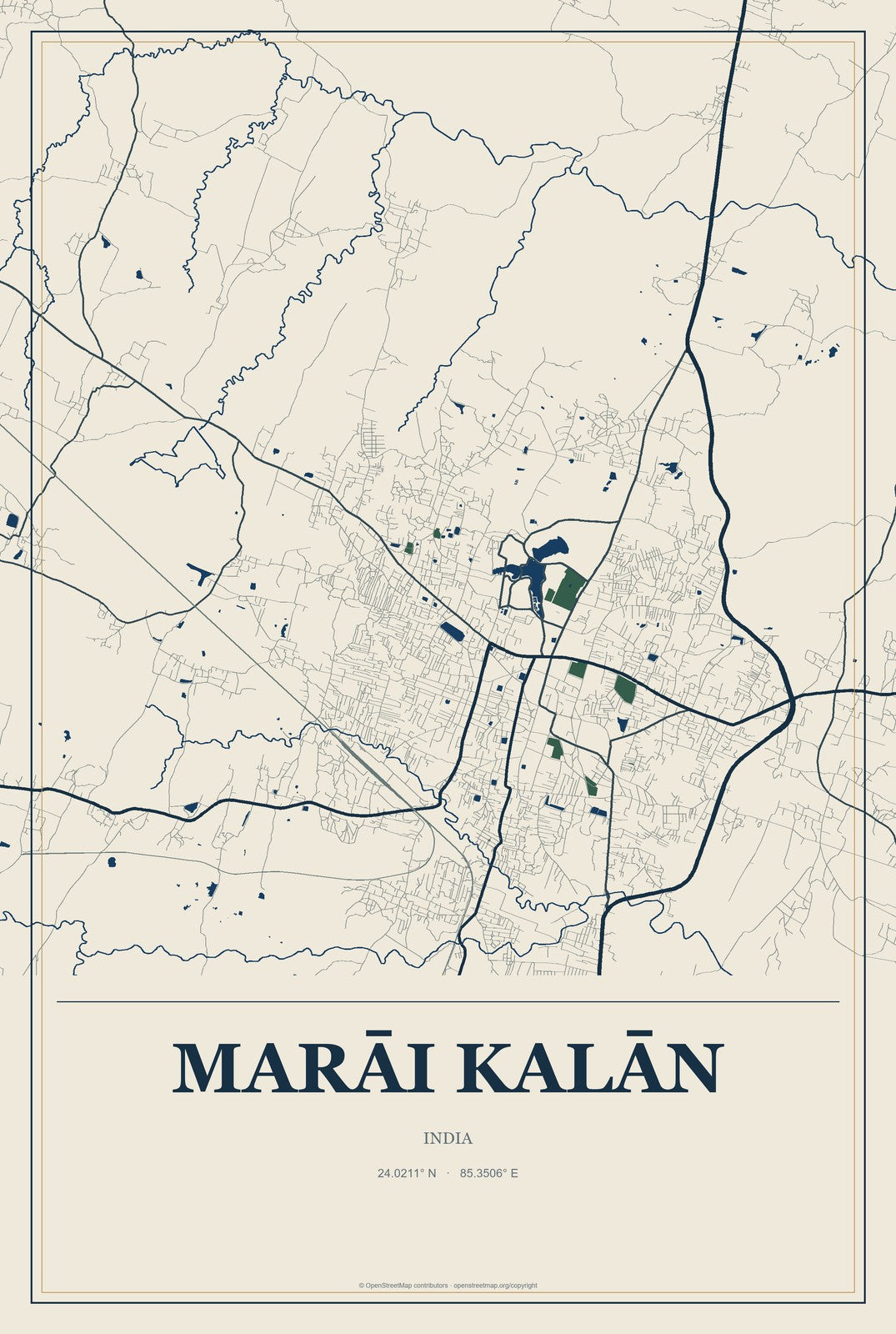 Marāi Kalān, India City Map Aluminum Sign in Coastal Cutout style