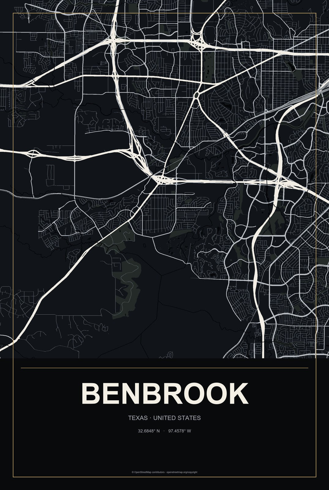 Benbrook, Texas City Map Aluminum Sign in Metropolitan Noir style