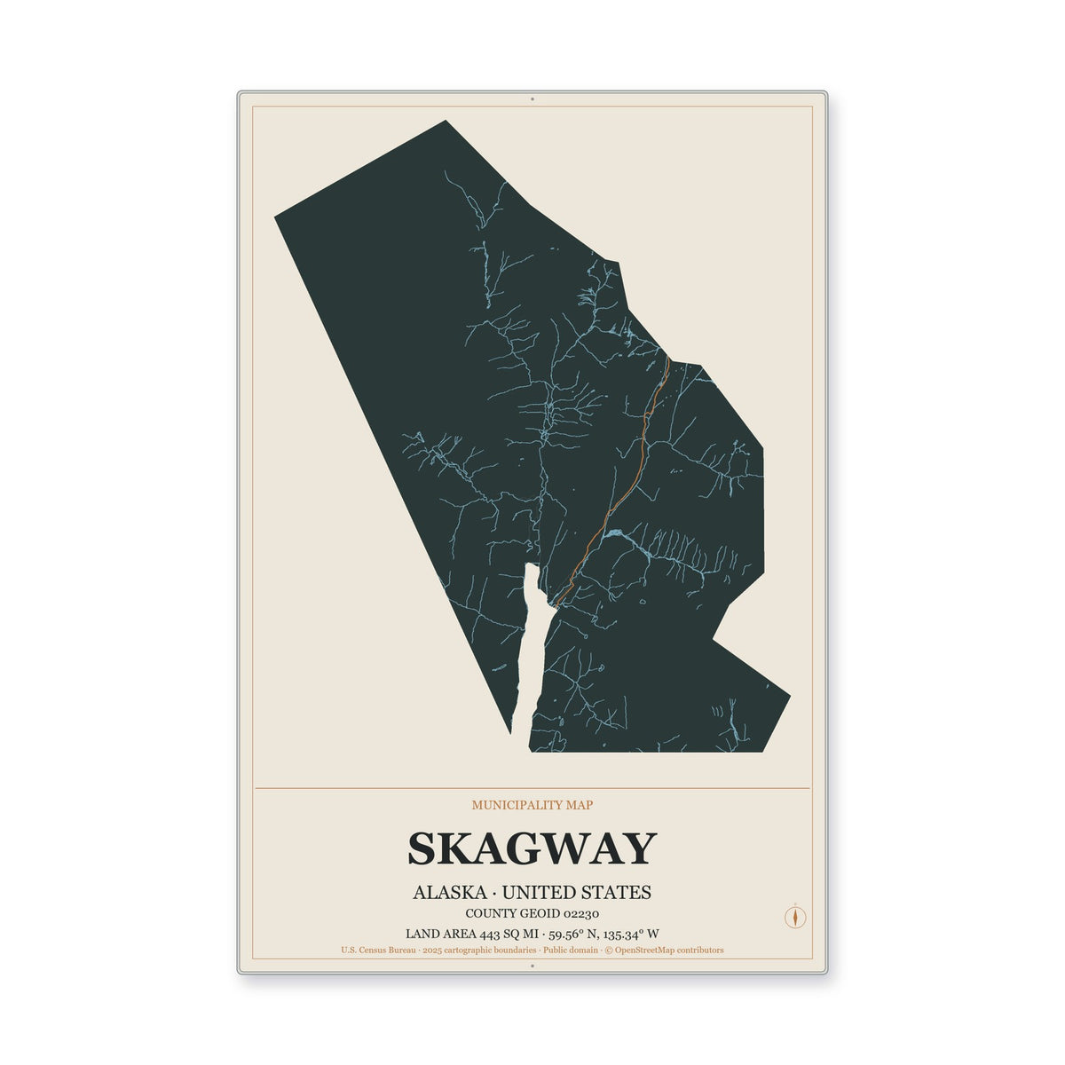 Skagway Municipality, Alaska Map Aluminum Sign in Headline Atlas style