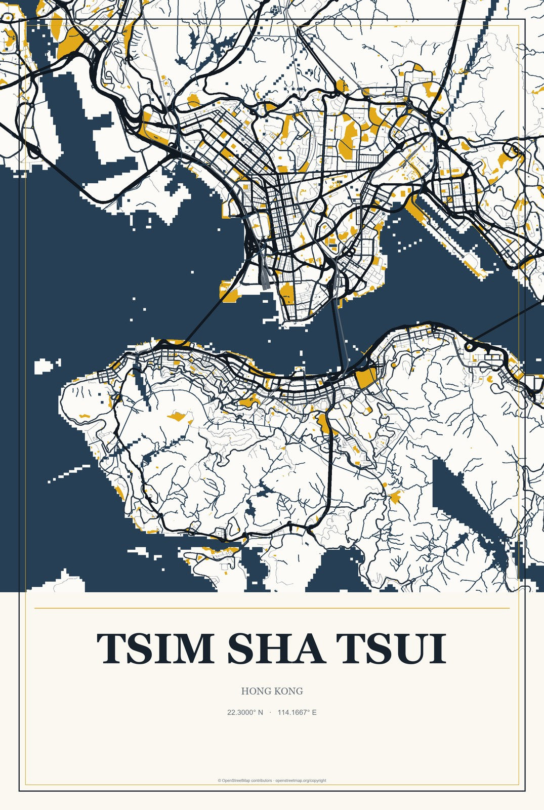 Tsim Sha Tsui, Hong Kong City Map Aluminum Sign in Citrine Modern style