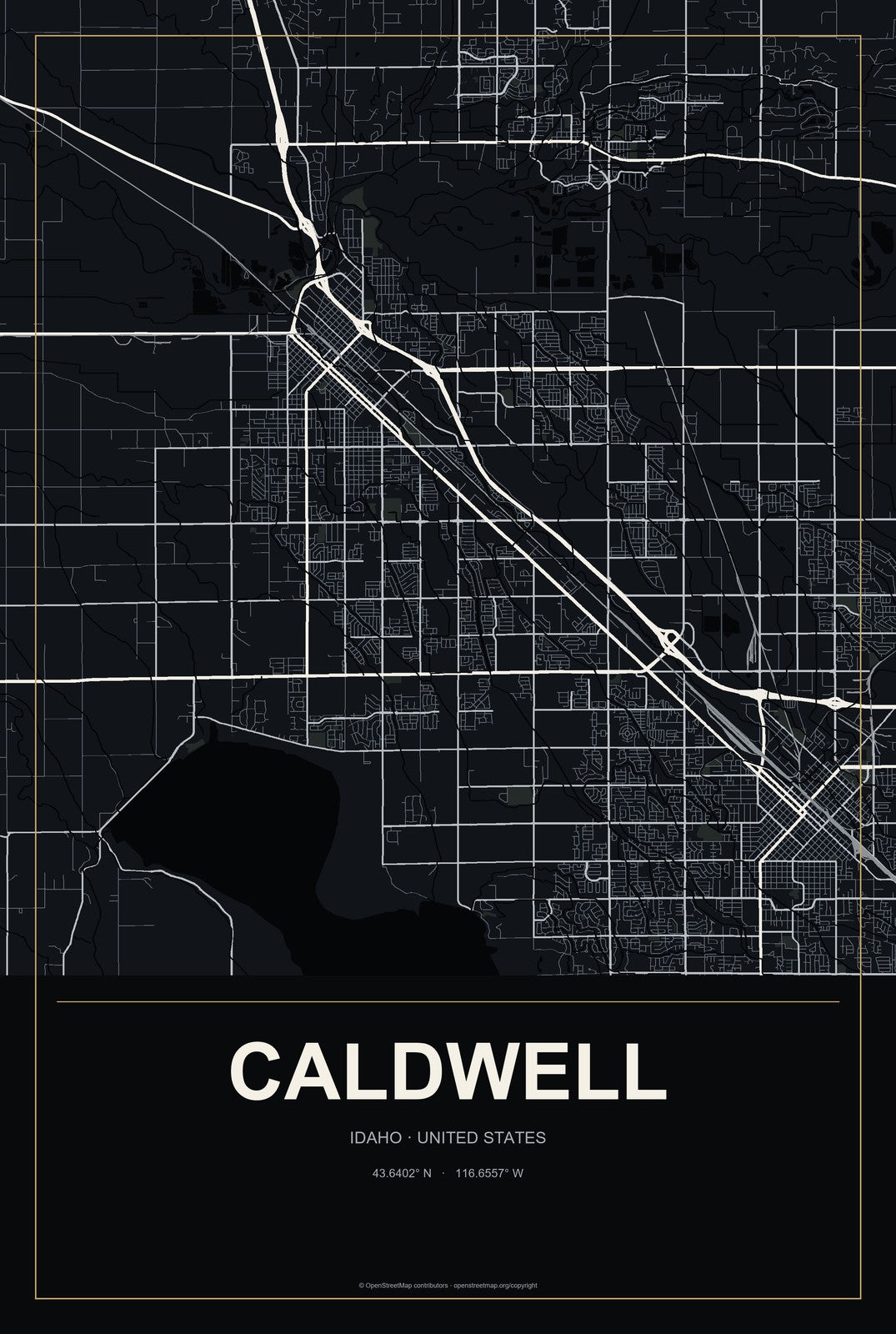 Caldwell, Idaho City Map Aluminum Sign in Metropolitan Noir style