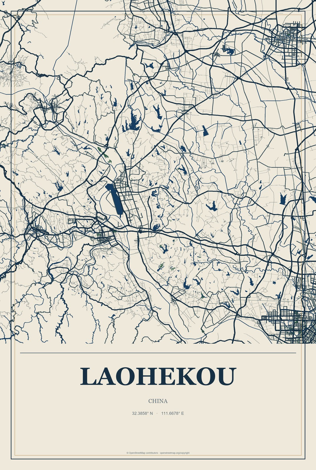 Laohekou, China City Map Aluminum Sign in Coastal Cutout style