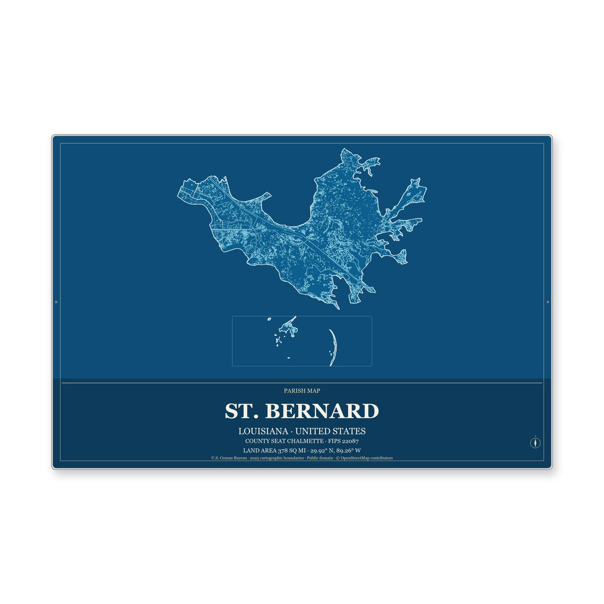 St. Bernard Parish, Louisiana Map Aluminum Sign in Harbor Cobalt style