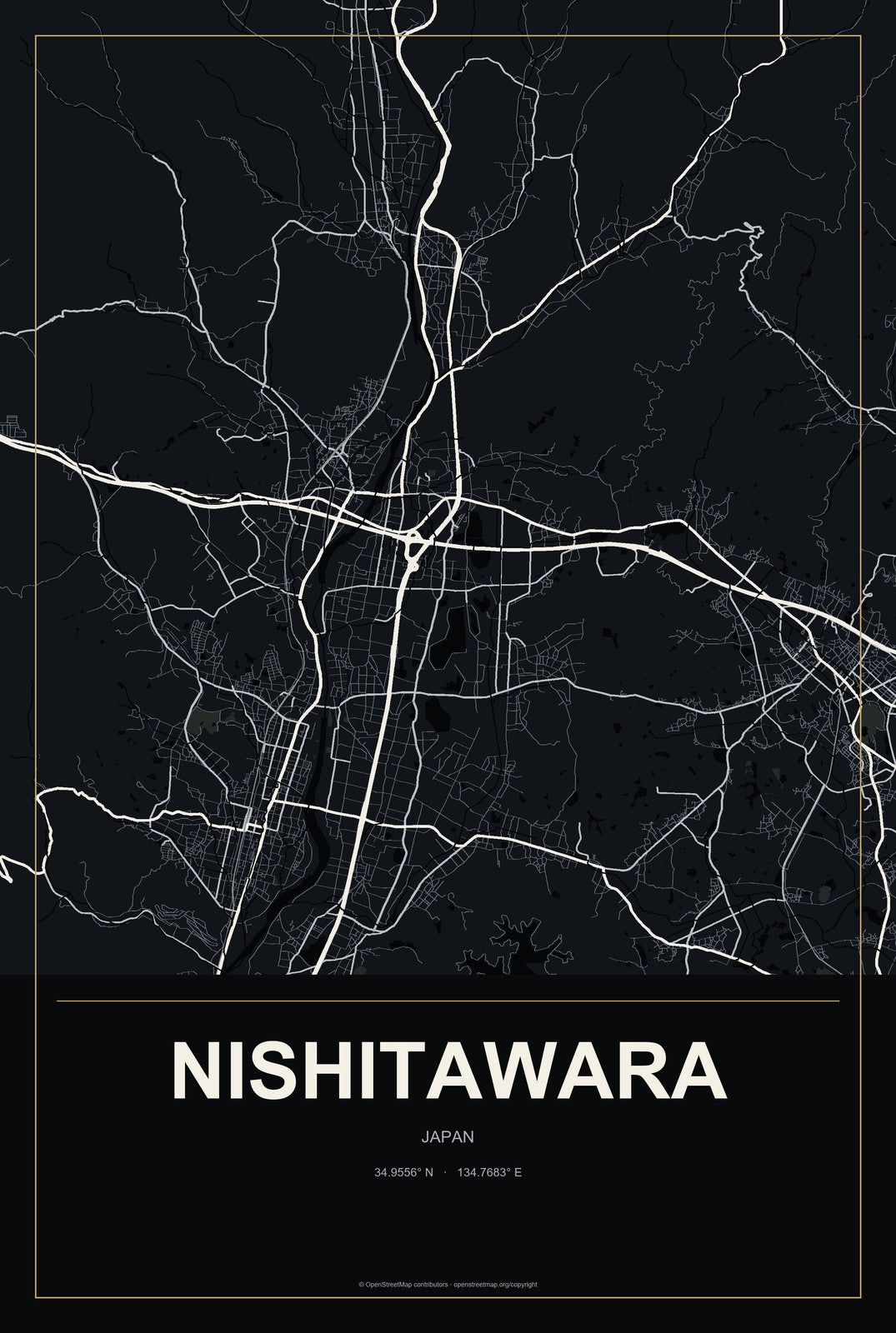 Nishitawara, Japan City Map Aluminum Sign in Metropolitan Noir style
