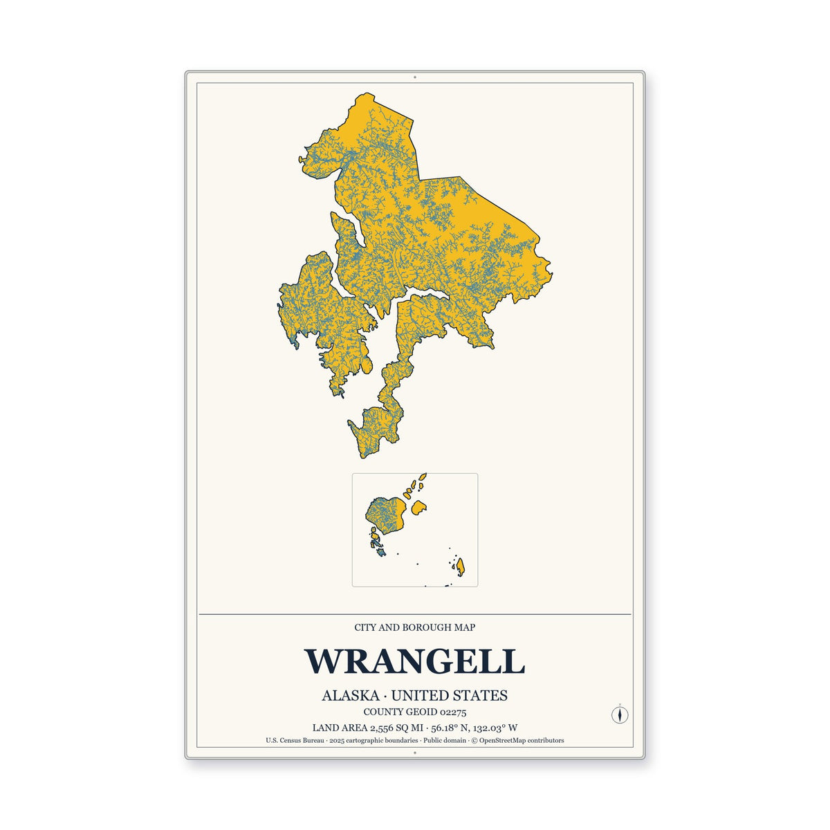 Wrangell City and Borough, Alaska Map Aluminum Sign in Citrine Modern style