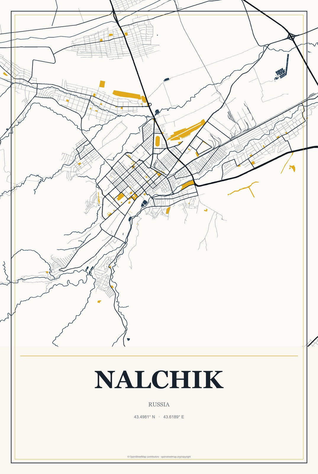 Nalchik, Russia City Map Aluminum Sign in Citrine Modern style