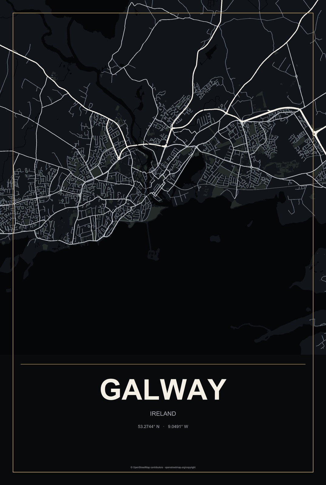 Galway, Ireland City Map Aluminum Sign in Metropolitan Noir style