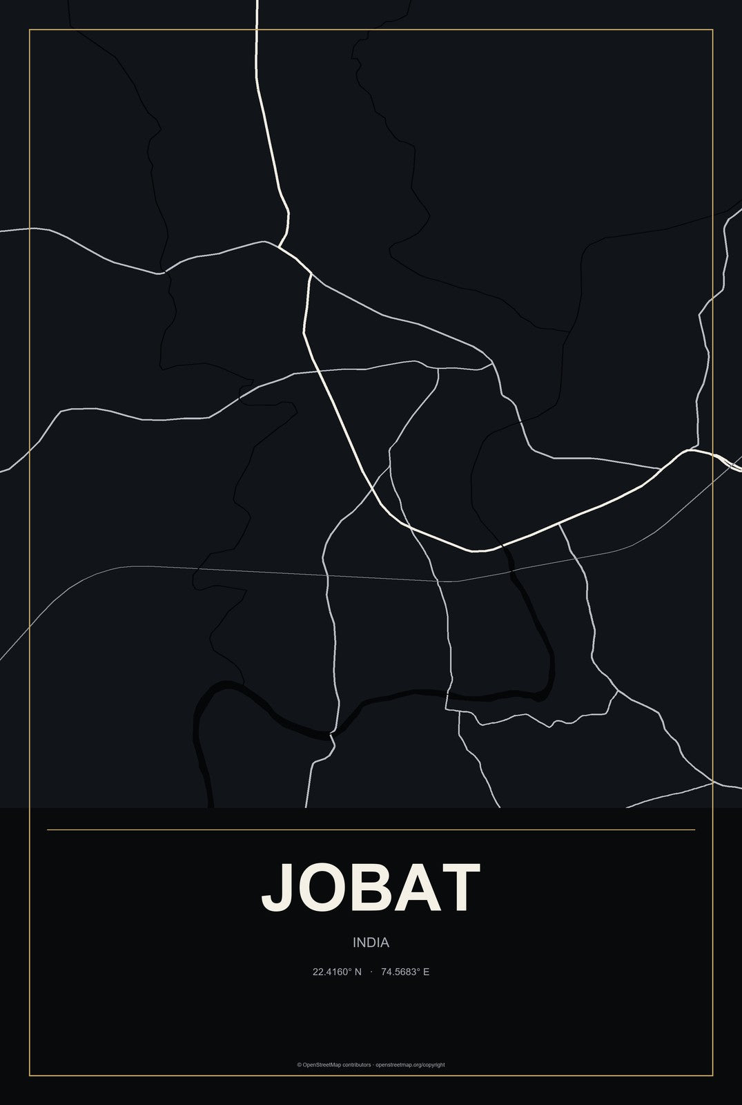 Jobat, India City Map Aluminum Sign in Metropolitan Noir style