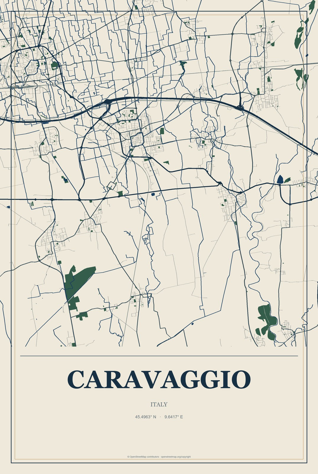 Caravaggio, Italy City Map Aluminum Sign in Coastal Cutout style