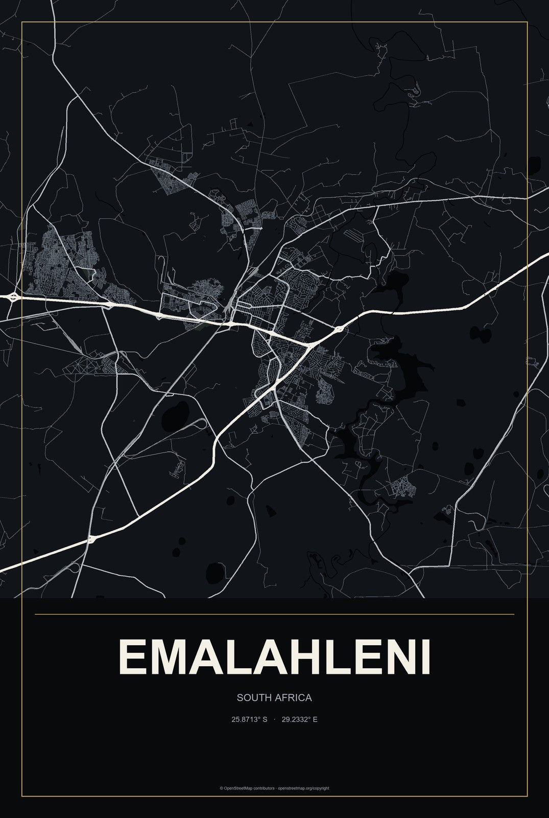 Emalahleni, South Africa City Map Aluminum Sign in Metropolitan Noir style