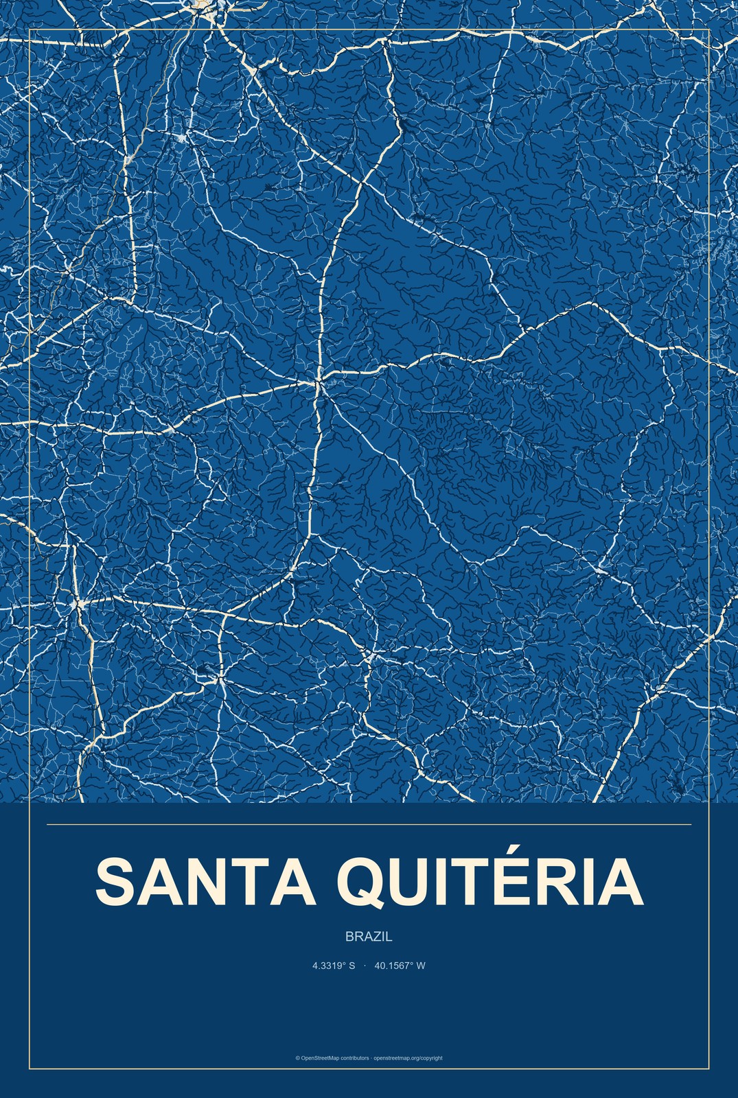 Santa Quitéria, Brazil City Map Aluminum Sign in Harbor Cobalt style