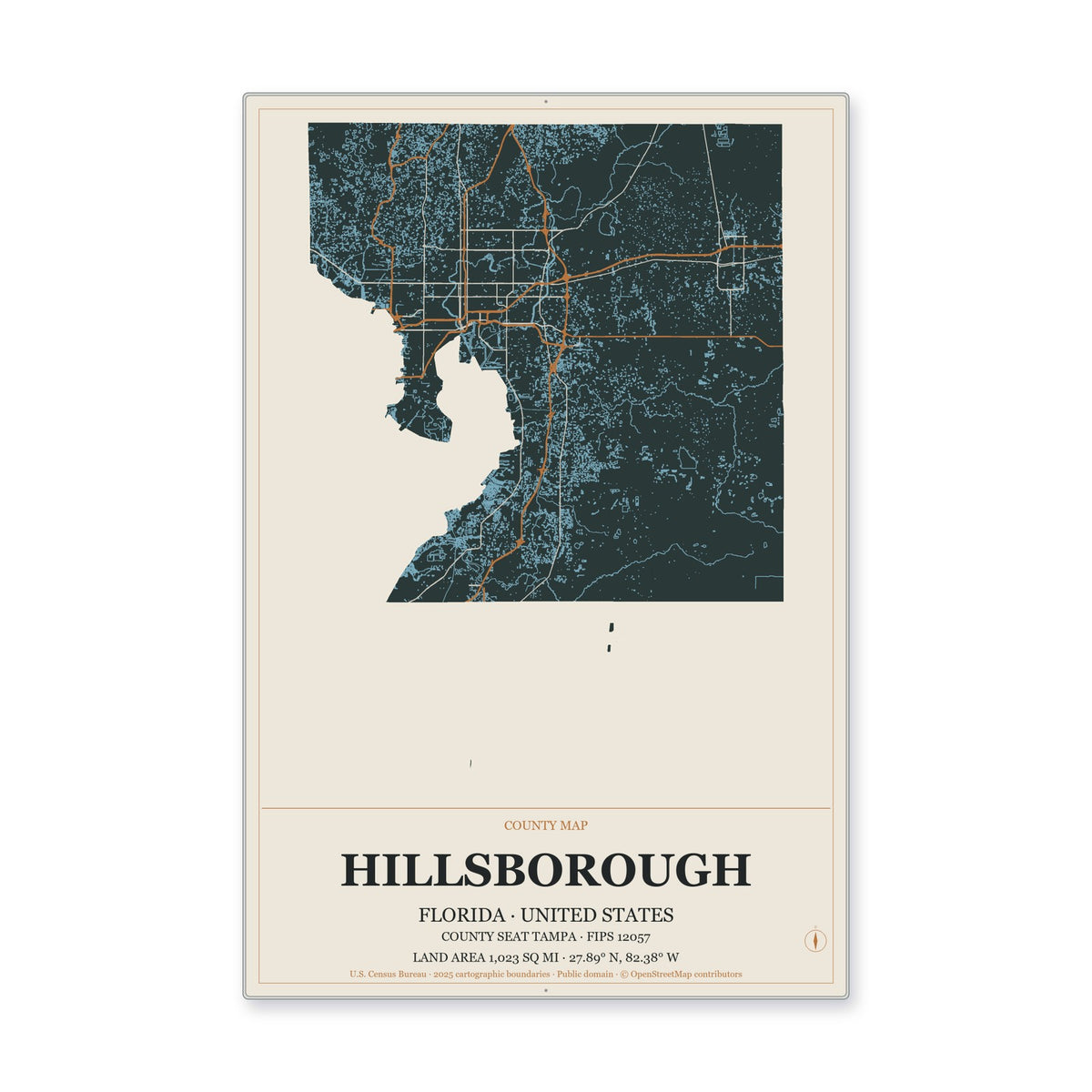 Hillsborough County, Florida Map Aluminum Sign in Headline Atlas style