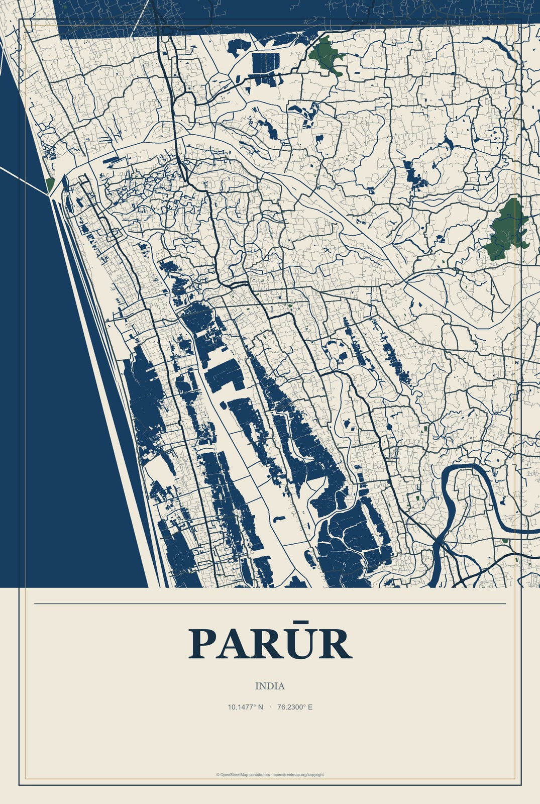 Parūr, India City Map Aluminum Sign in Coastal Cutout style