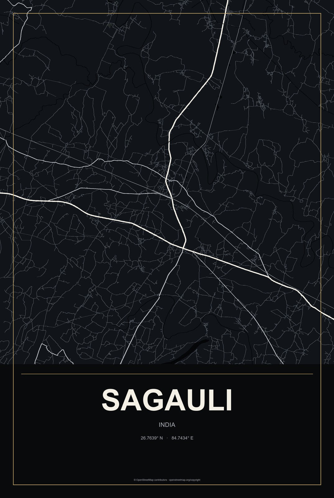Sagauli, India City Map Aluminum Sign in Metropolitan Noir style