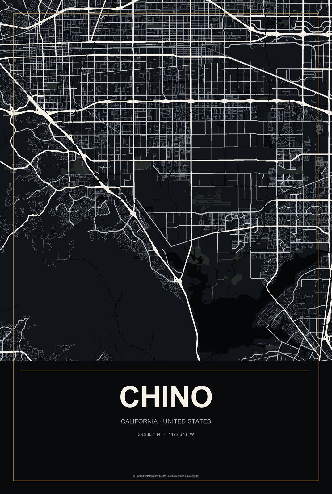 Chino, California City Map Aluminum Sign in Metropolitan Noir style