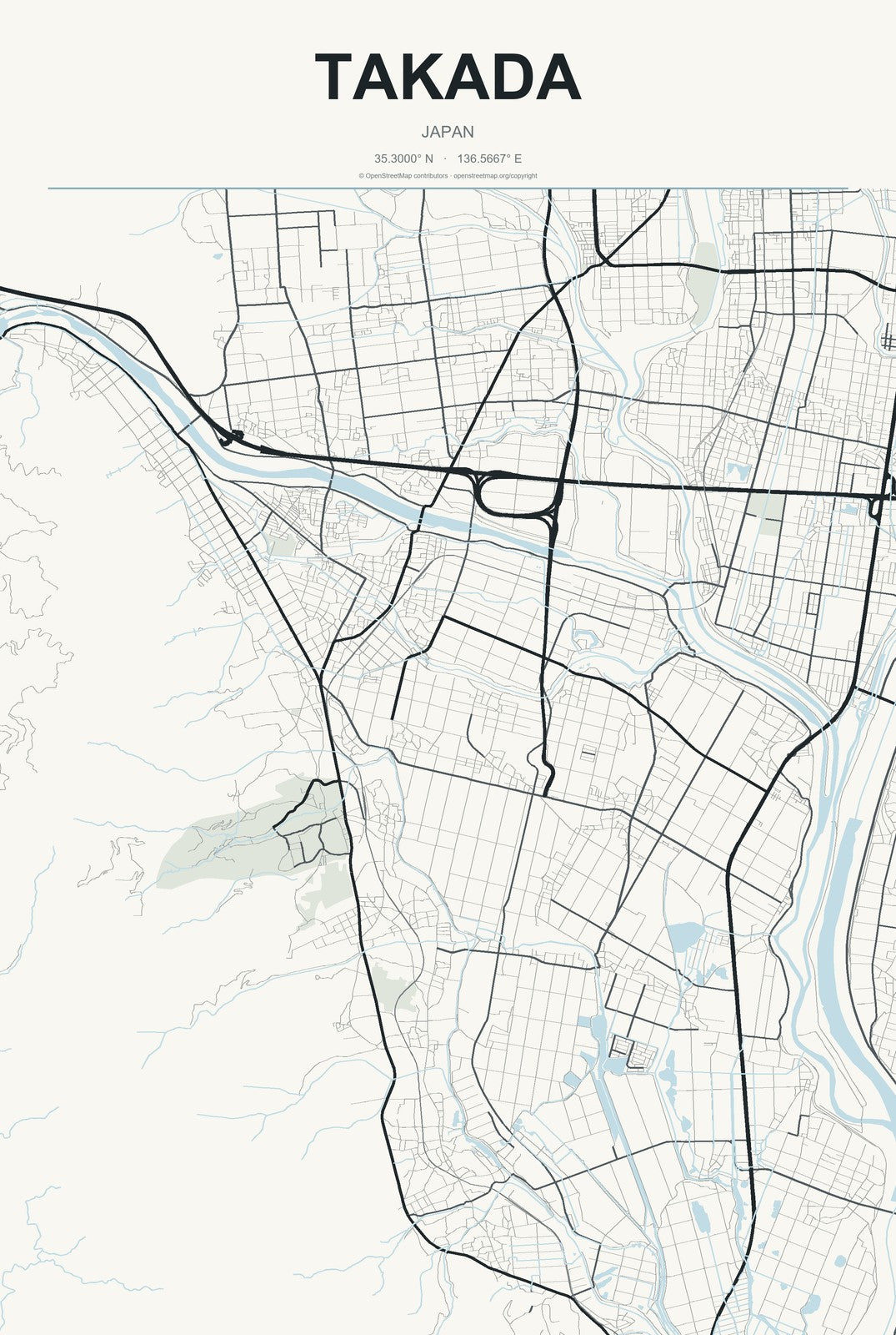 Takada, Japan City Map Aluminum Sign in Headline Atlas style