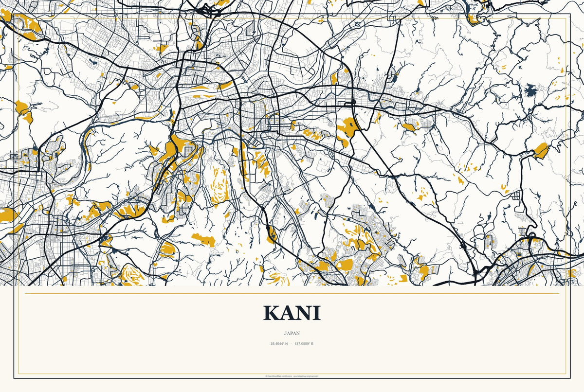 Kani, Japan City Map Aluminum Sign in Citrine Modern style
