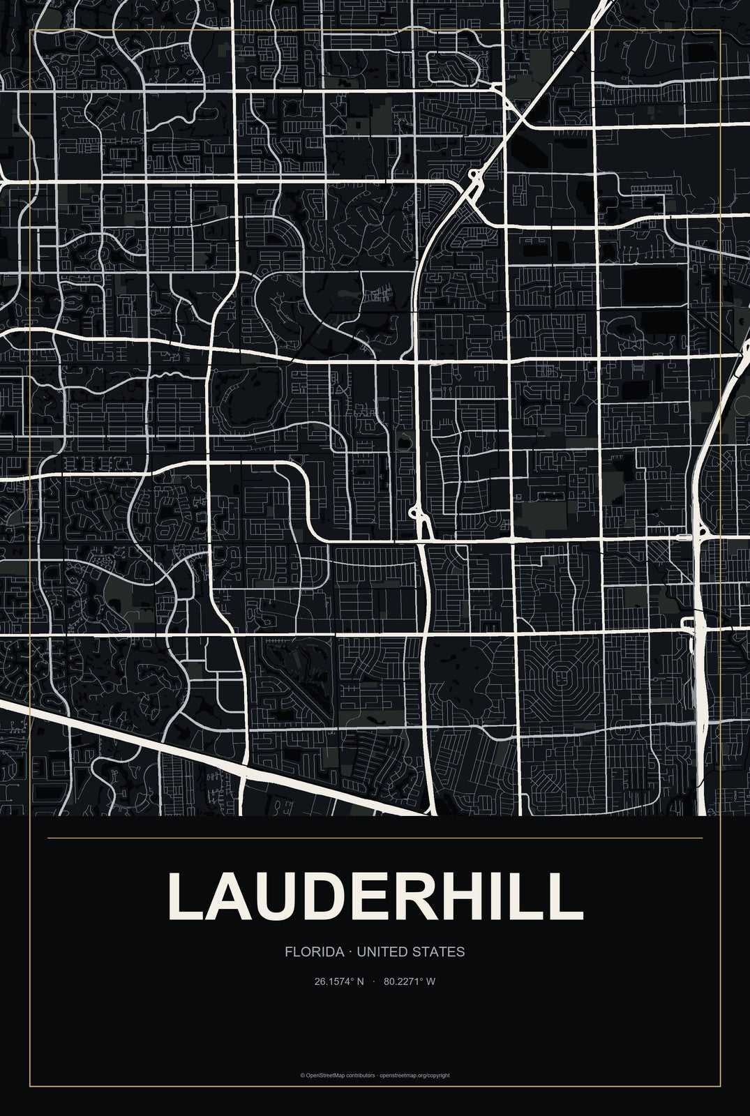 Lauderhill, Florida City Map Aluminum Sign in Metropolitan Noir style