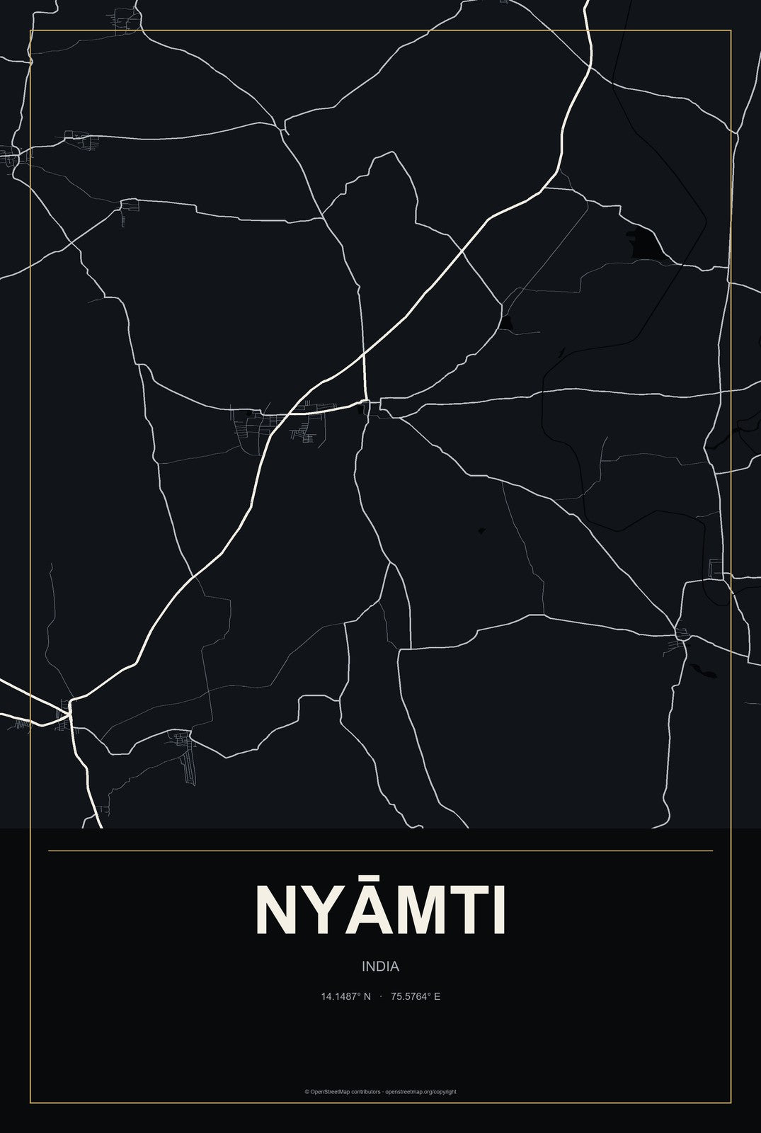 Nyāmti, India City Map Aluminum Sign in Metropolitan Noir style