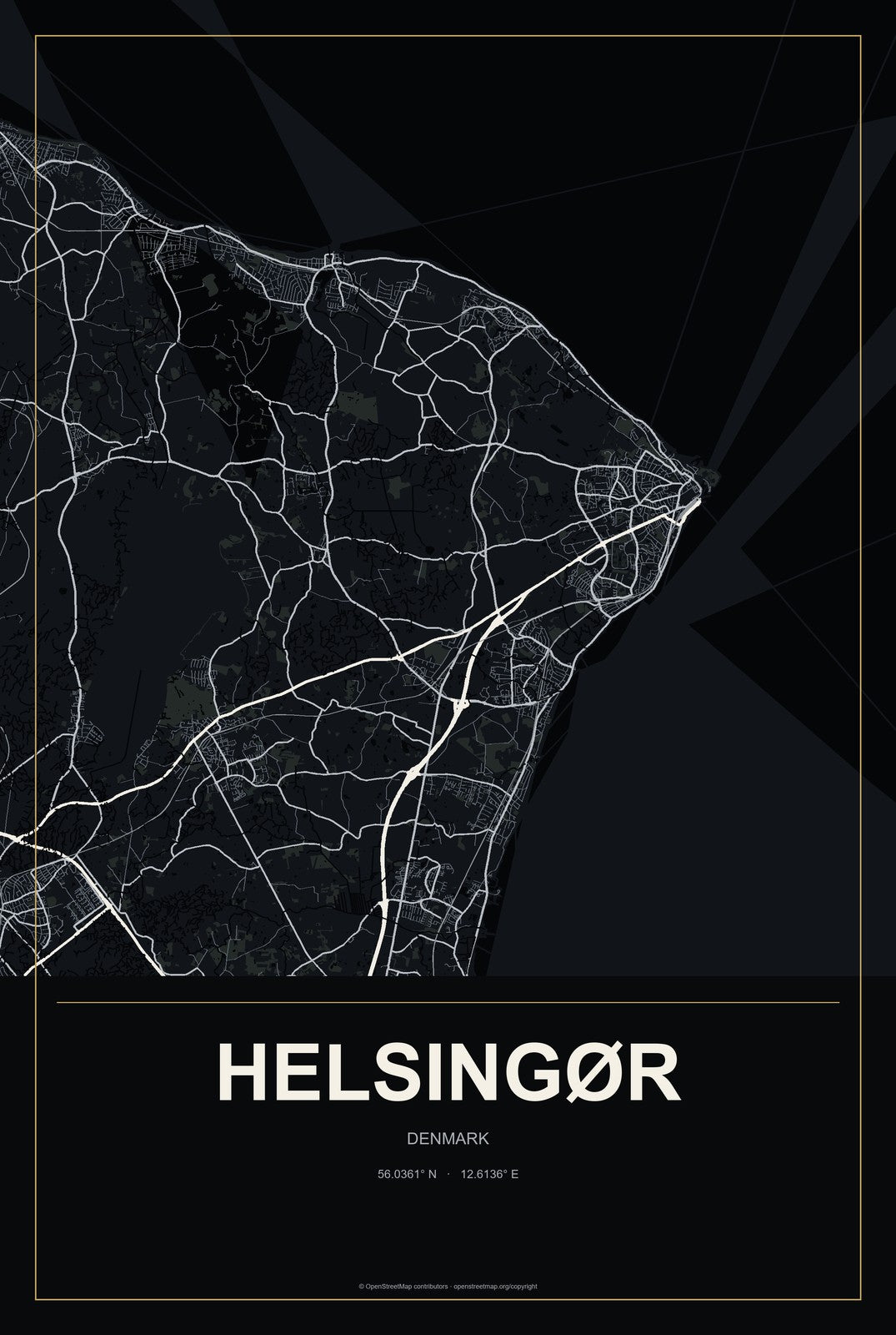 Helsingør, Denmark City Map Aluminum Sign in Metropolitan Noir style