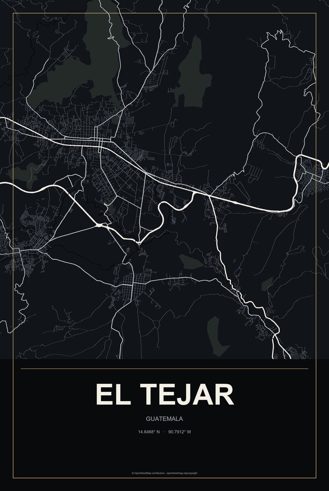 El Tejar, Guatemala City Map Aluminum Sign in Metropolitan Noir style