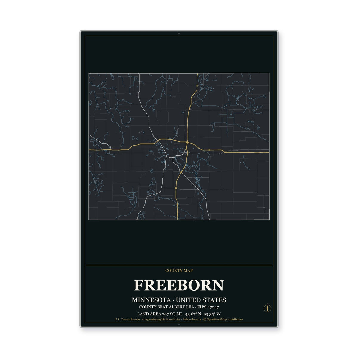 Freeborn County, Minnesota Map Aluminum Sign in Metropolitan Noir style