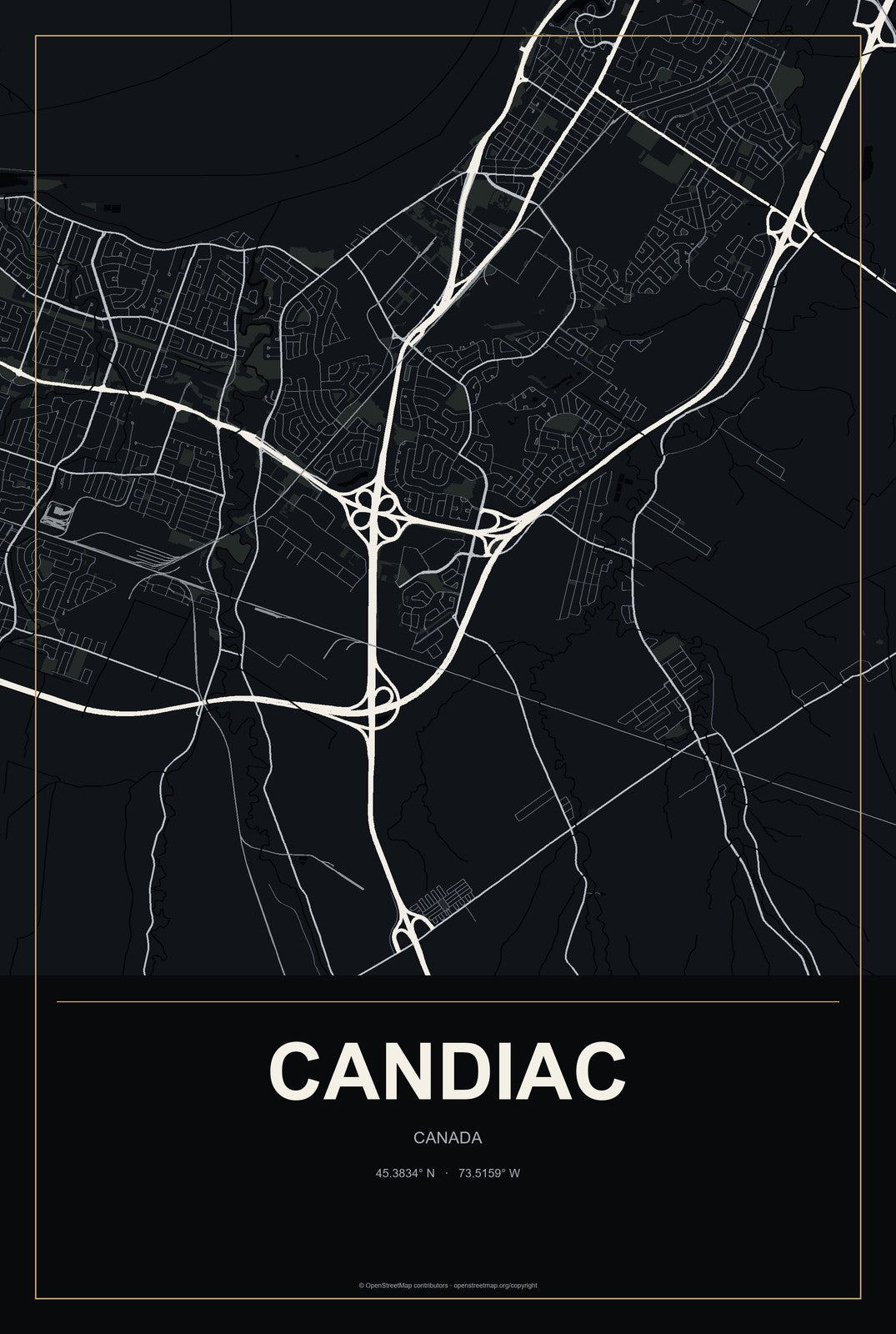 Candiac, Canada City Map Aluminum Sign in Metropolitan Noir style