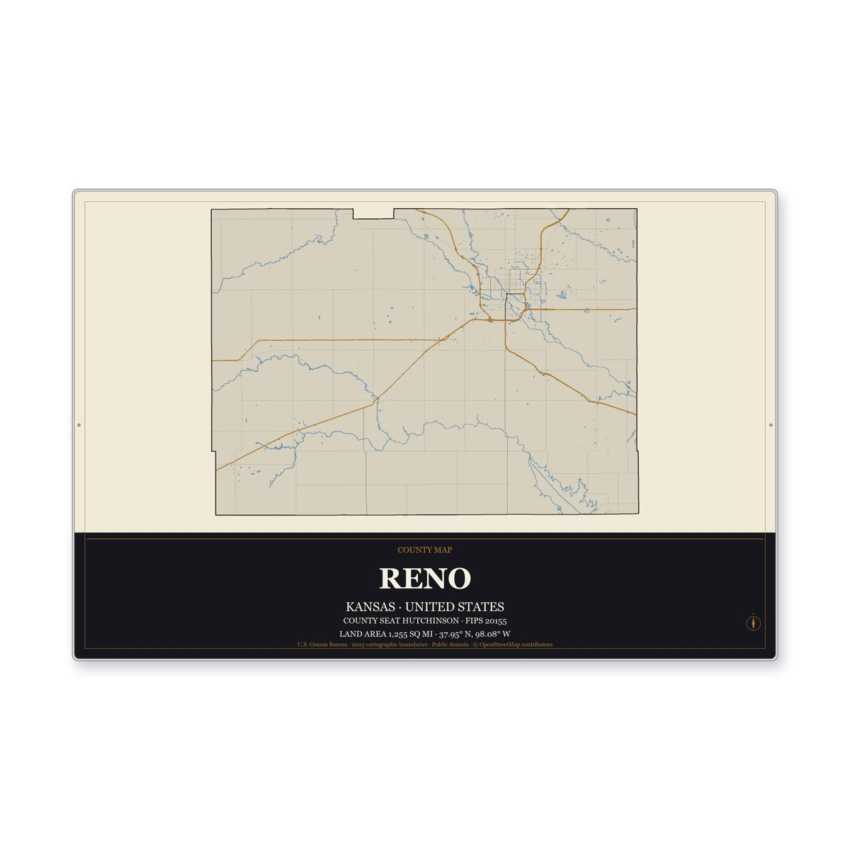 Reno County, Kansas Map Aluminum Sign in Museum Plaque style