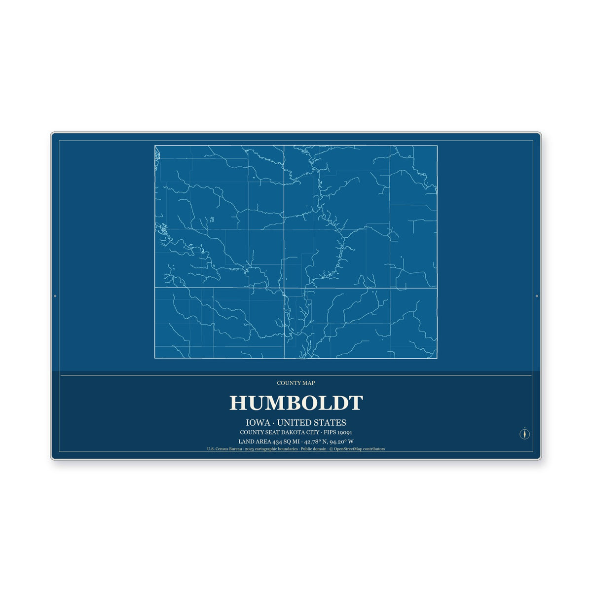 Humboldt County, Iowa Map Aluminum Sign in Harbor Cobalt style
