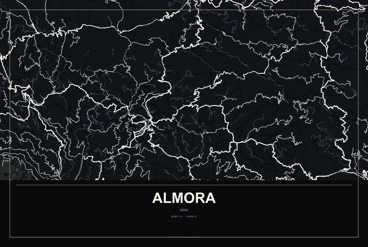Almora, India City Map Aluminum Sign in Metropolitan Noir style