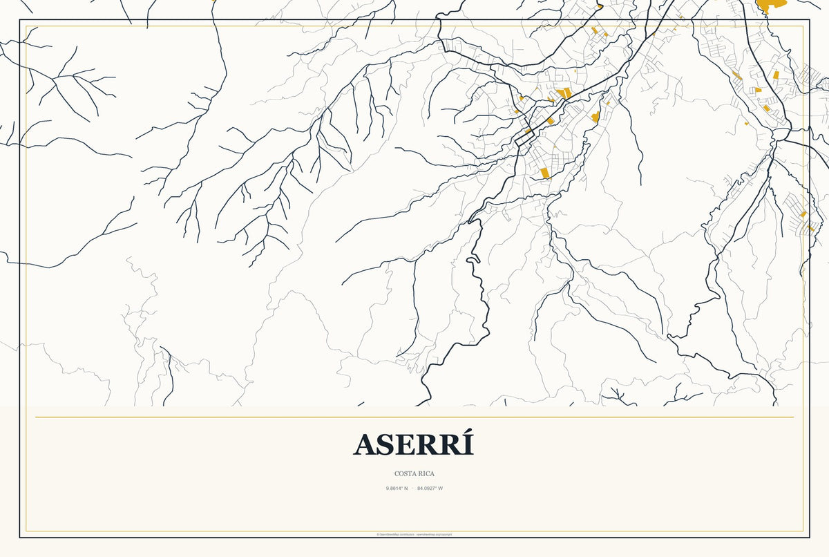 Aserrí, Costa Rica City Map Aluminum Sign in Citrine Modern style