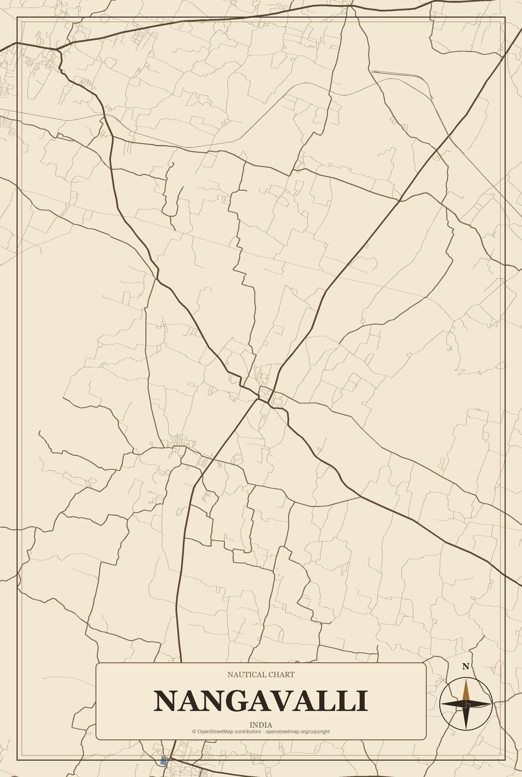 Nangavalli, India City Map Aluminum Sign in Heritage Nautical style