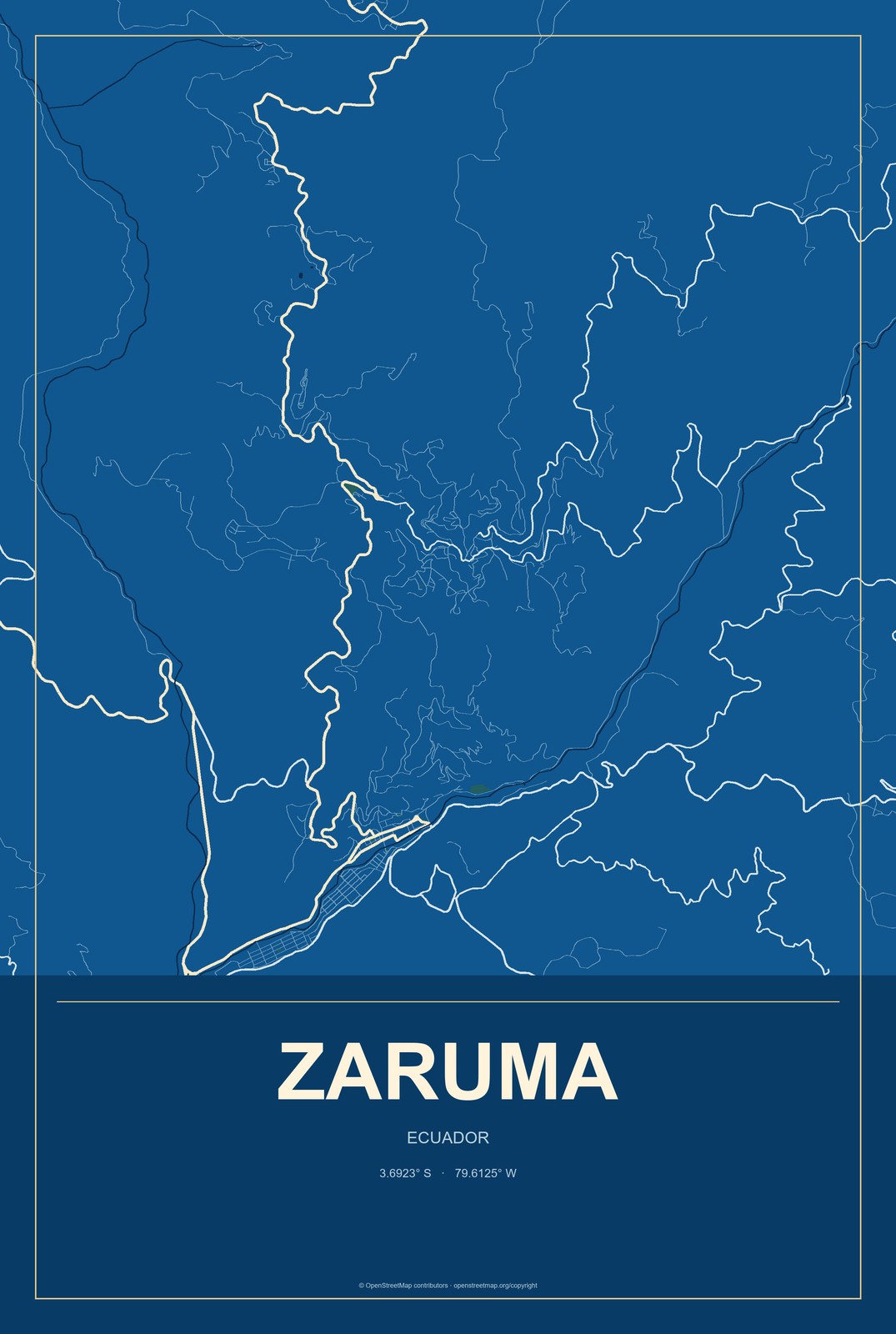 Zaruma, Ecuador City Map Aluminum Sign in Harbor Cobalt style