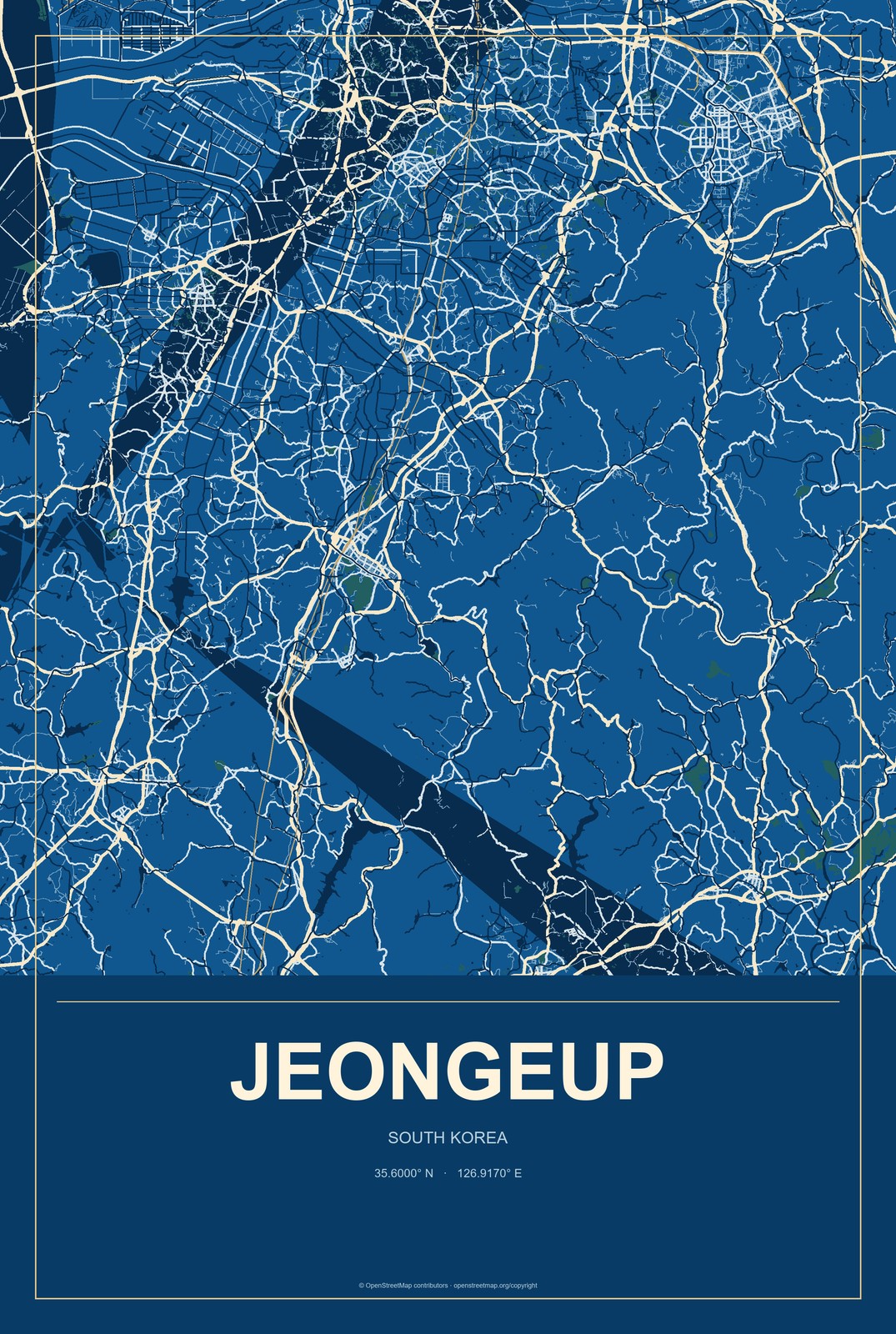 Jeongeup, South Korea City Map Aluminum Sign in Harbor Cobalt style