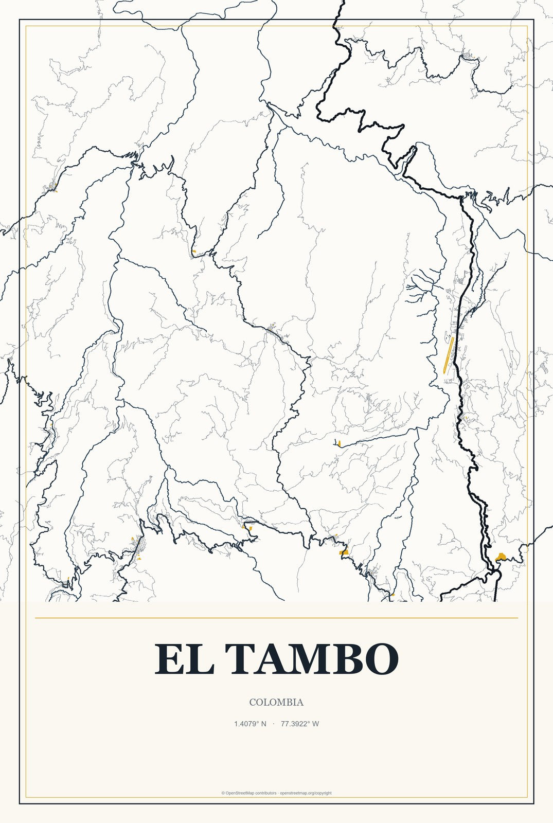 El Tambo, Colombia City Map Aluminum Sign in Citrine Modern style
