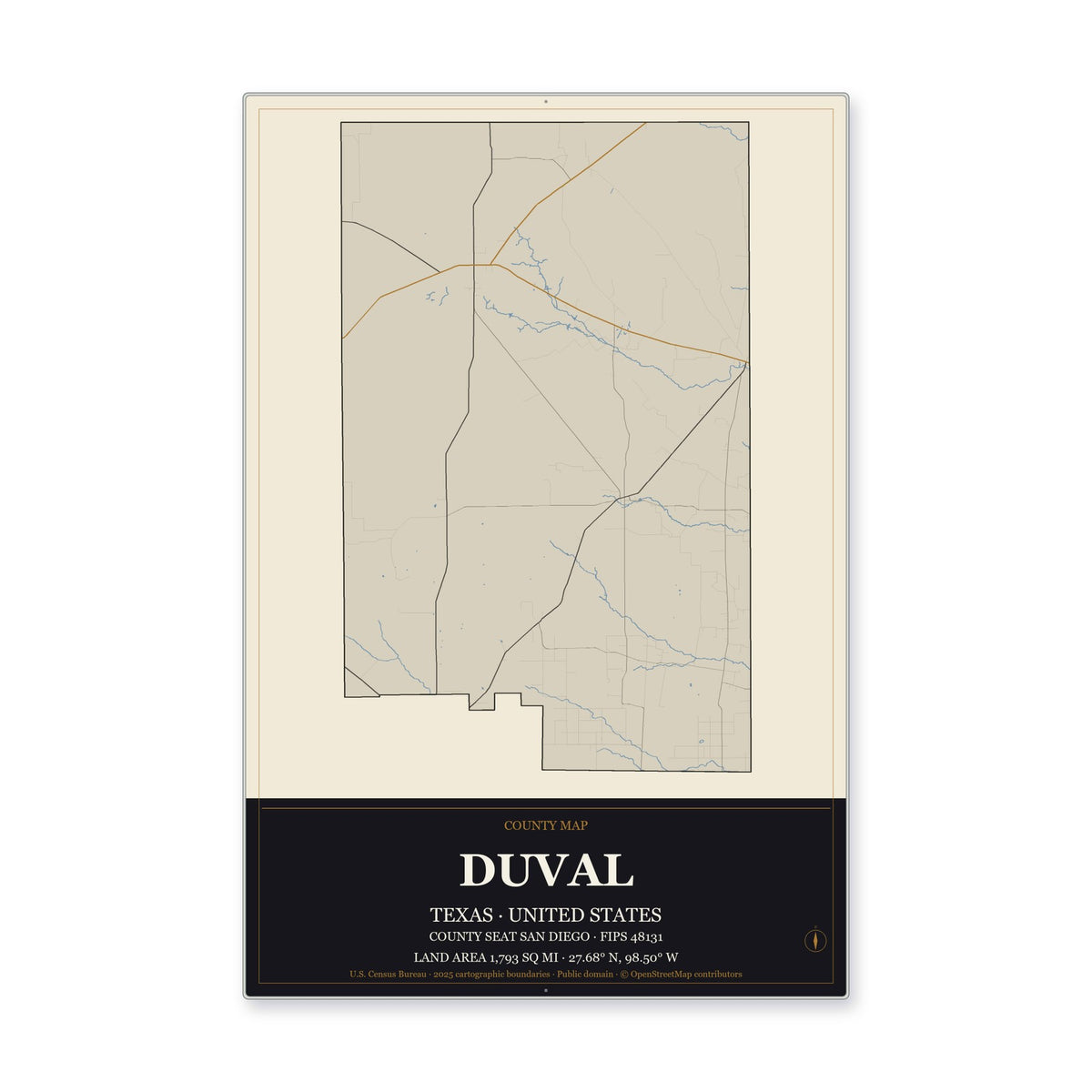 Duval County, Texas Map Aluminum Sign in Museum Plaque style