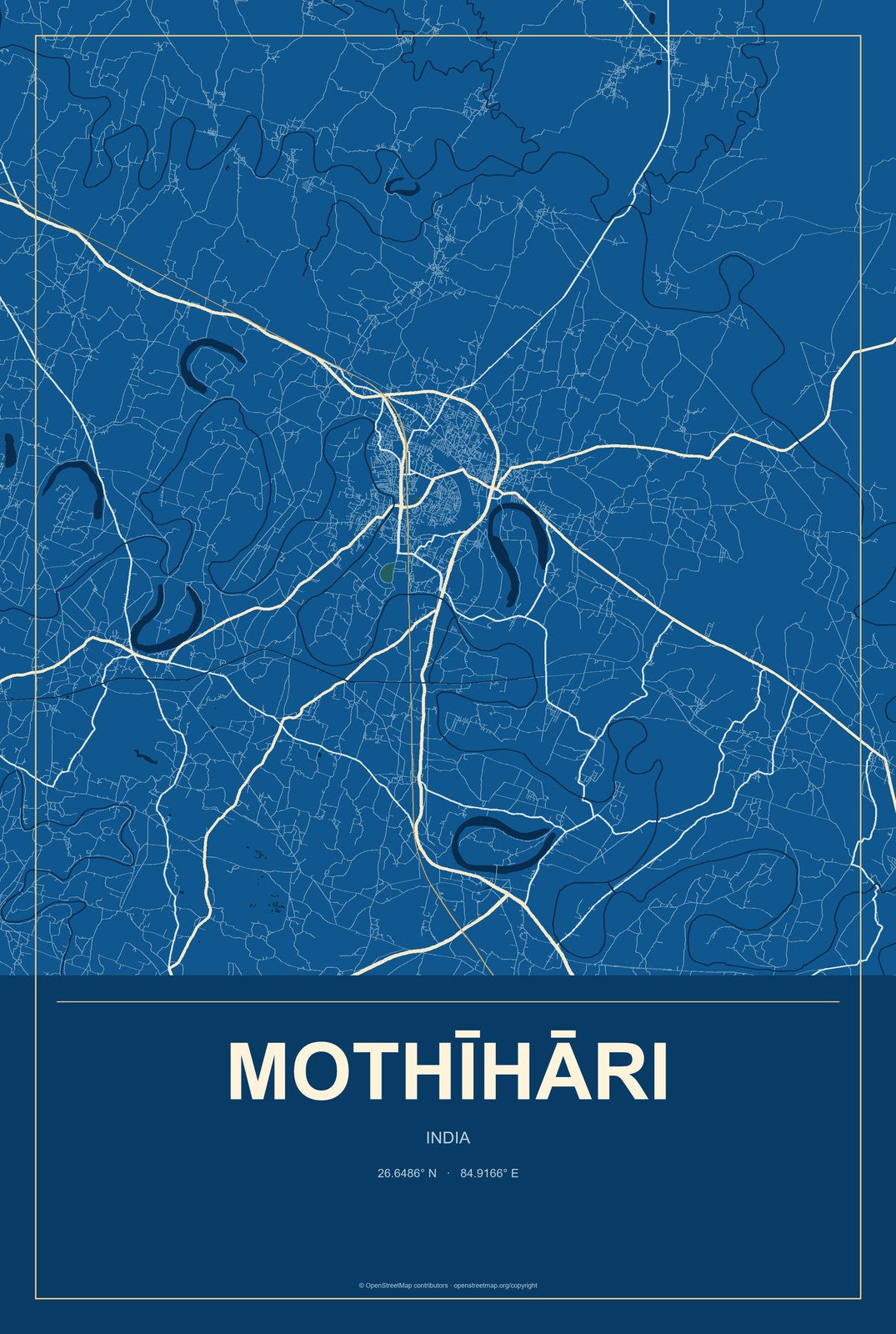 Mothīhāri, India City Map Aluminum Sign in Harbor Cobalt style