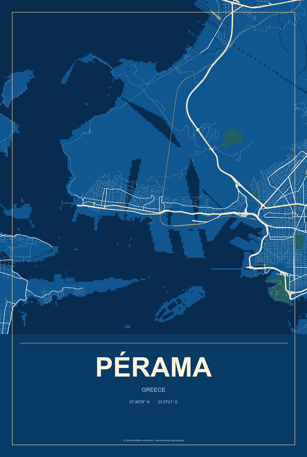 Pérama, Greece City Map Aluminum Sign in Harbor Cobalt style