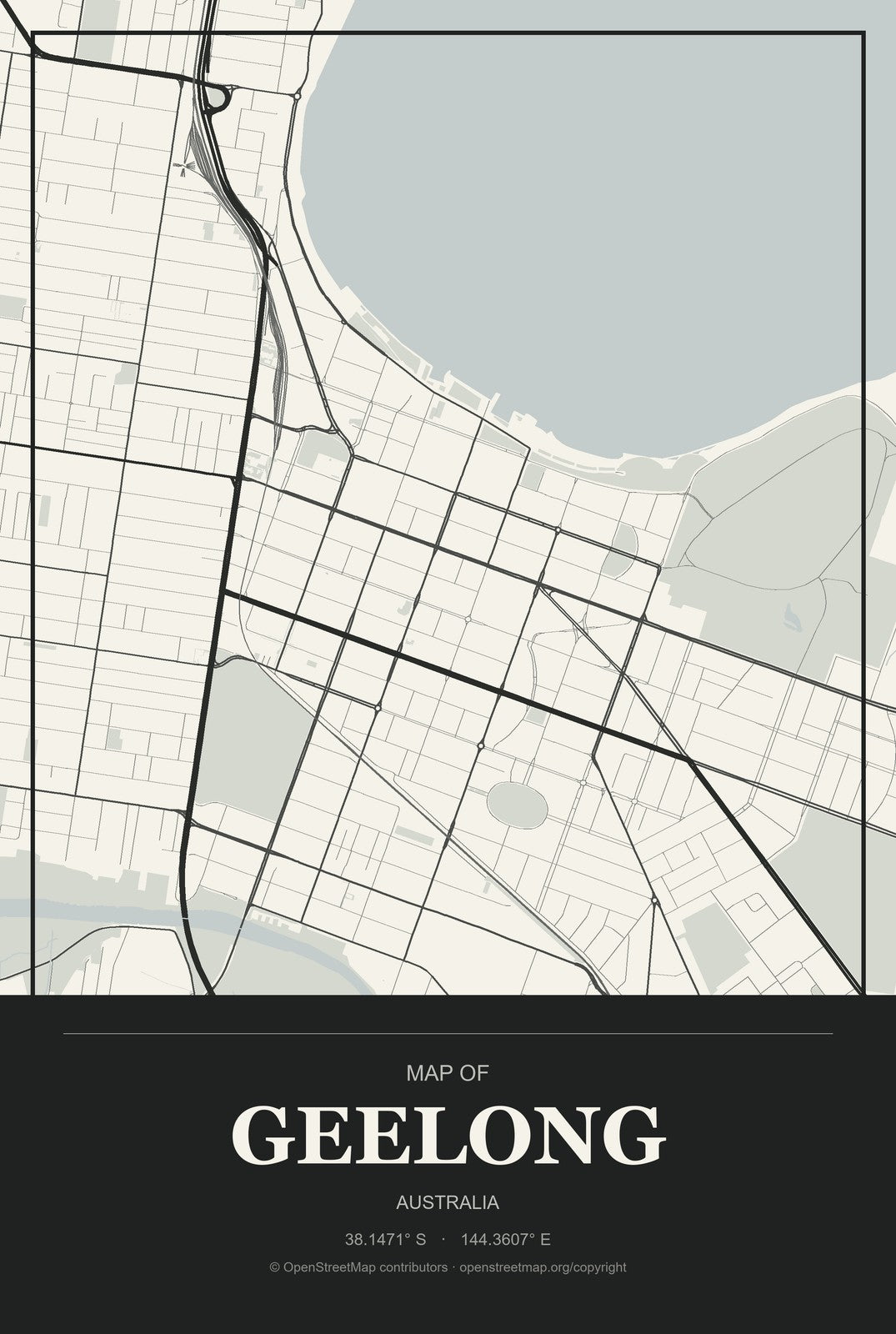 Geelong, Australia City Map Aluminum Sign in Museum Plaque style