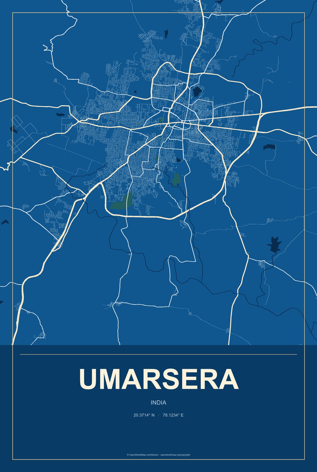 Umarsera, India City Map Aluminum Sign in Harbor Cobalt style